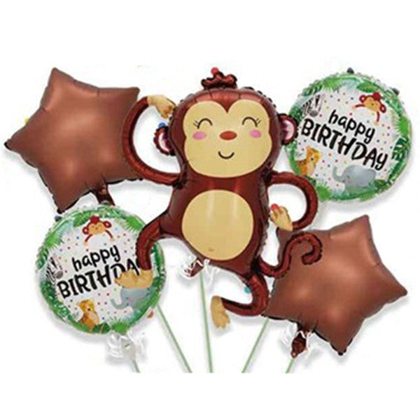 Baloane pentru aniversare, ANGELBEAR, tematica Happy Birthday, set 5 baloane, 1 Maimuta 85 x 89 cm, 2 Stele, 2 Rotunde, din folie de aluminiu, pai de carton inclus, Maro